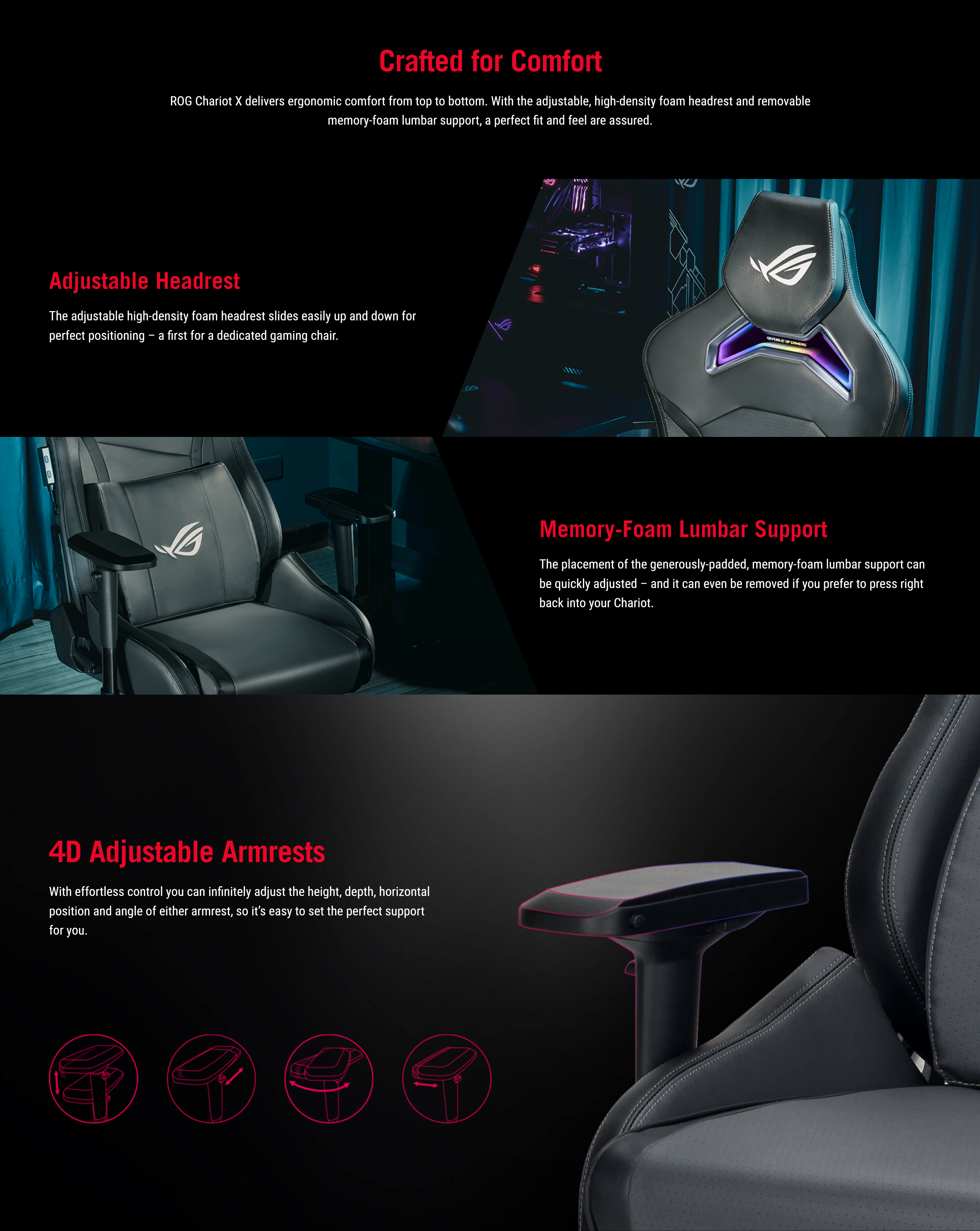 A large marketing image providing additional information about the product ASUS ROG Chariot X Gaming Chair - Black - Additional alt info not provided